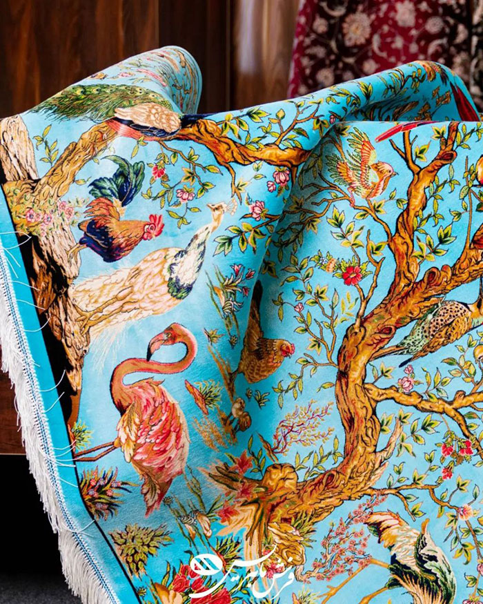 فرش آبی فیروزه ای ابریشم برند ماهریس