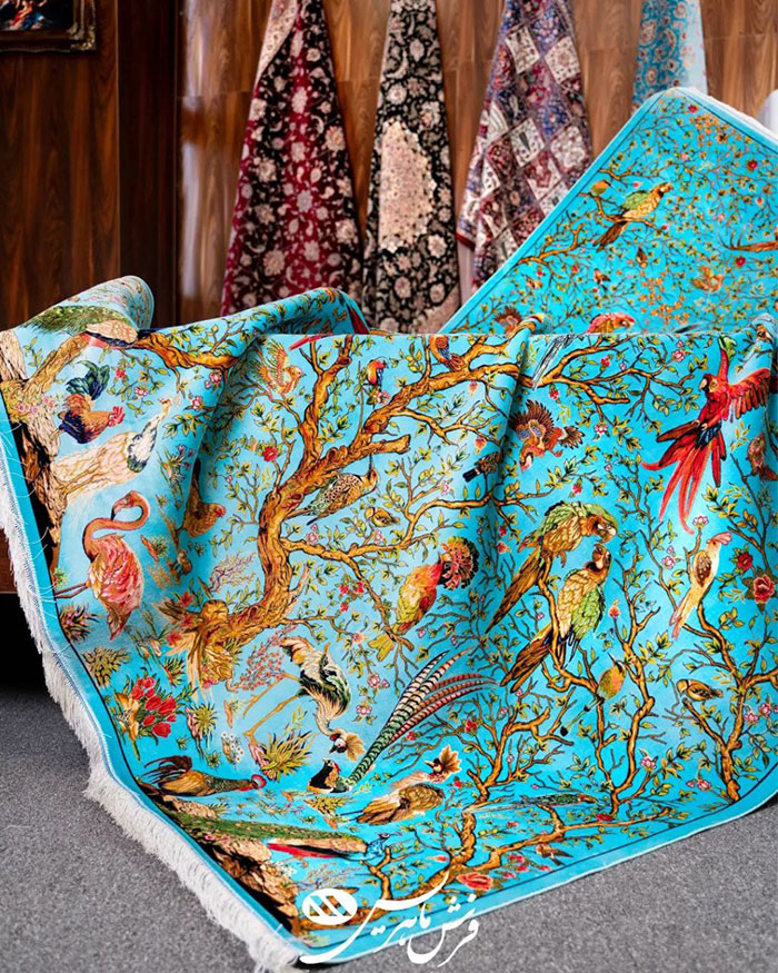 عکس مدل فرش ماهریس ابریشم بافت طرح آبی فیروزه ای